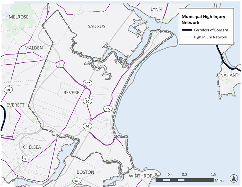 Figure 1.6: A A map of Revere, MA, a highly urban area of the region. Route 1A, Route 60, and parts of Route 107 are highlighted as high-injury network locations.